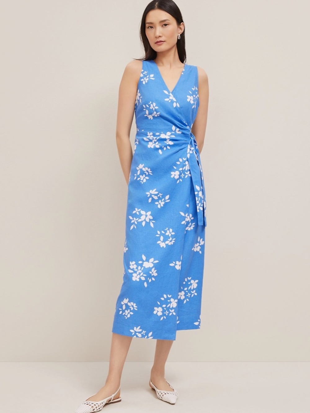 Ann Taylor Floral Linen Blend V-Neck Wrap Dress 2Petite Maritime Blue